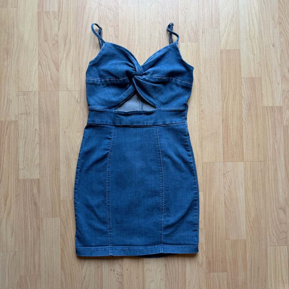Iris Stretchy Denim Blue Bodycon Mini Dress Twist Cutout Adjustable Strap Small